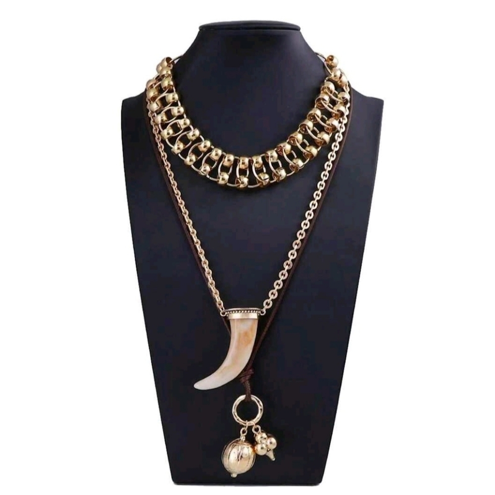 NWT Multilayer Stacked Link Choker Animal Horn & Leather Pendant Silver Necklace - Picture 13 of 15